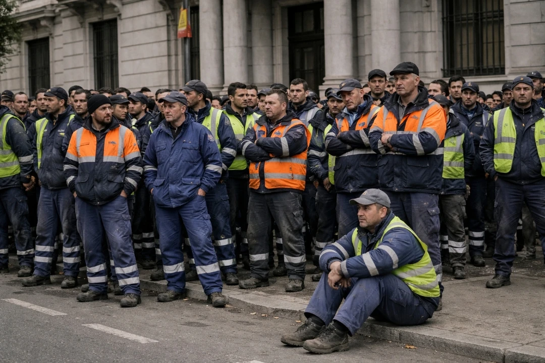 Trabajadores de mantenimiento de servicios urbanos concentrados en huelga frente a un edificio institucional en Málaga