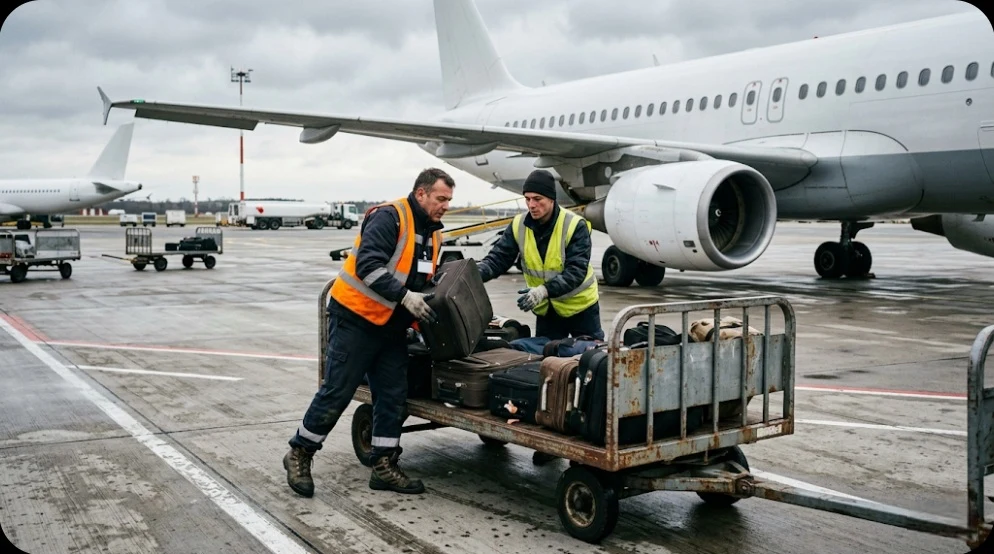 Dos trabajadores de handling aeroportuario con chalecos reflectantes cargan maletas en un carro de rampa junto a un avión comercial en la pista