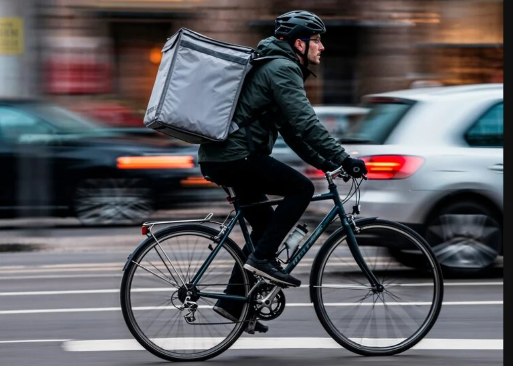 Repartidor de comida a domicilio pedalea en bicicleta entre el tráfico urbano con una mochila de reparto a la espalda