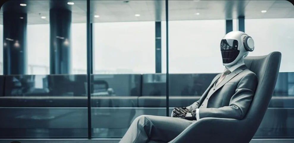 Robot con traje de ejecutivo en oficina corporativa, representando el impacto de la inteligencia artificial en el empleo y los despidos en el sector tecnológico