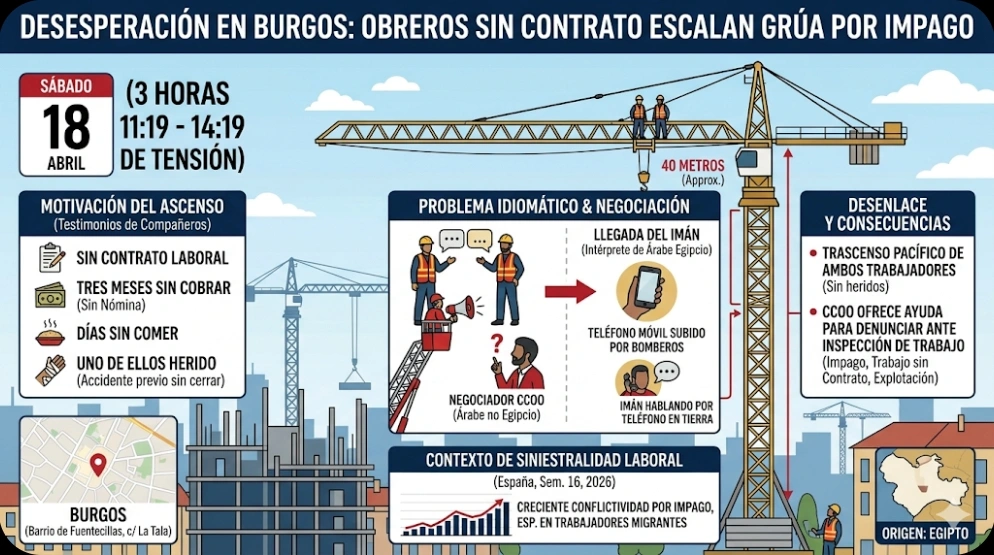 Protesta de dos obreros egipcios en una grúa de 40 metros en Burgos (abril 2026). Detalla las causas de impago de 3 meses, falta de contrato y hambre
