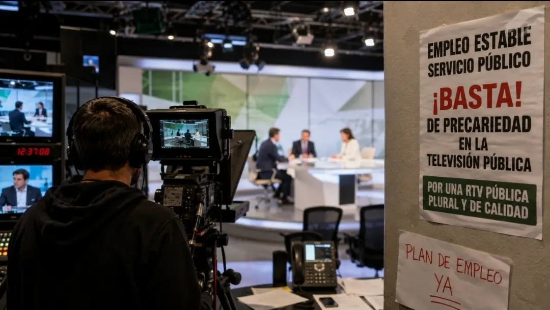 Trabajadores de televisión pública en Andalucía durante movilización laboral por empleo estable y falta de personal en plena campaña electoral