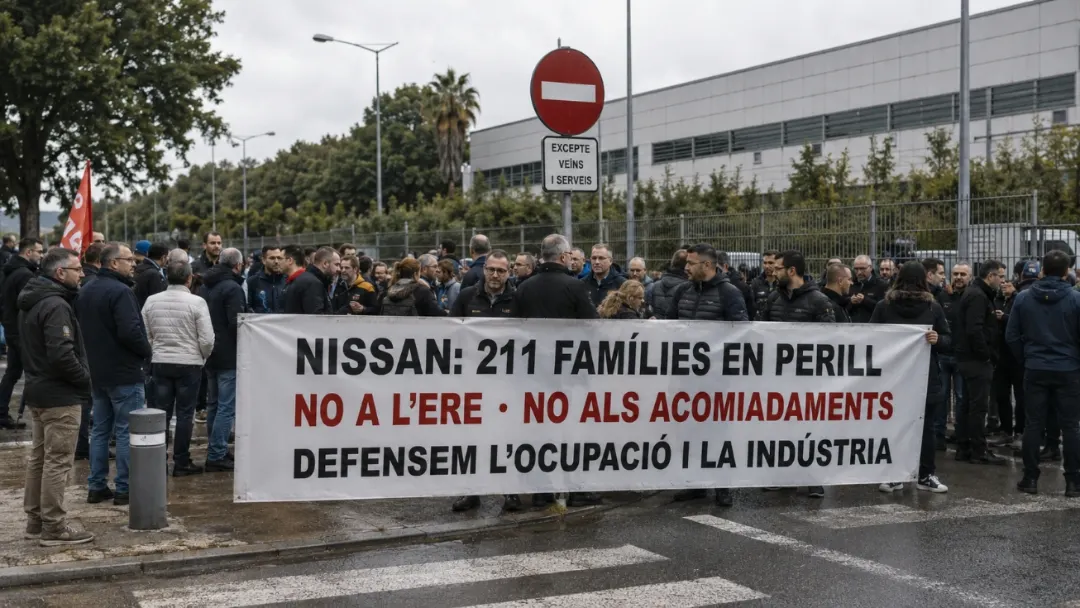 Trabajadores protestan ante un centro industrial de Nissan en Catalunya por el ERE que amenaza 211 empleos en Barcelona