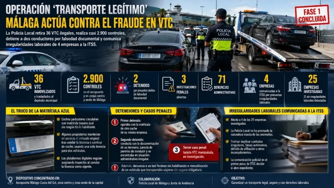 Operación Transporte Legítimo en Málaga: 36 VTC inmovilizados, 2.900 controles y actuación contra fraude