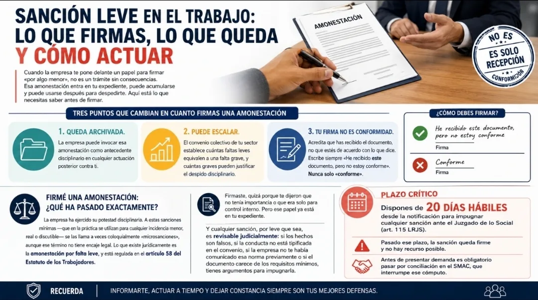 Sanción leve en el trabajo explicando qué ocurre al firmar una amonestación laboral y cómo actuar ante una sanción disciplinaria