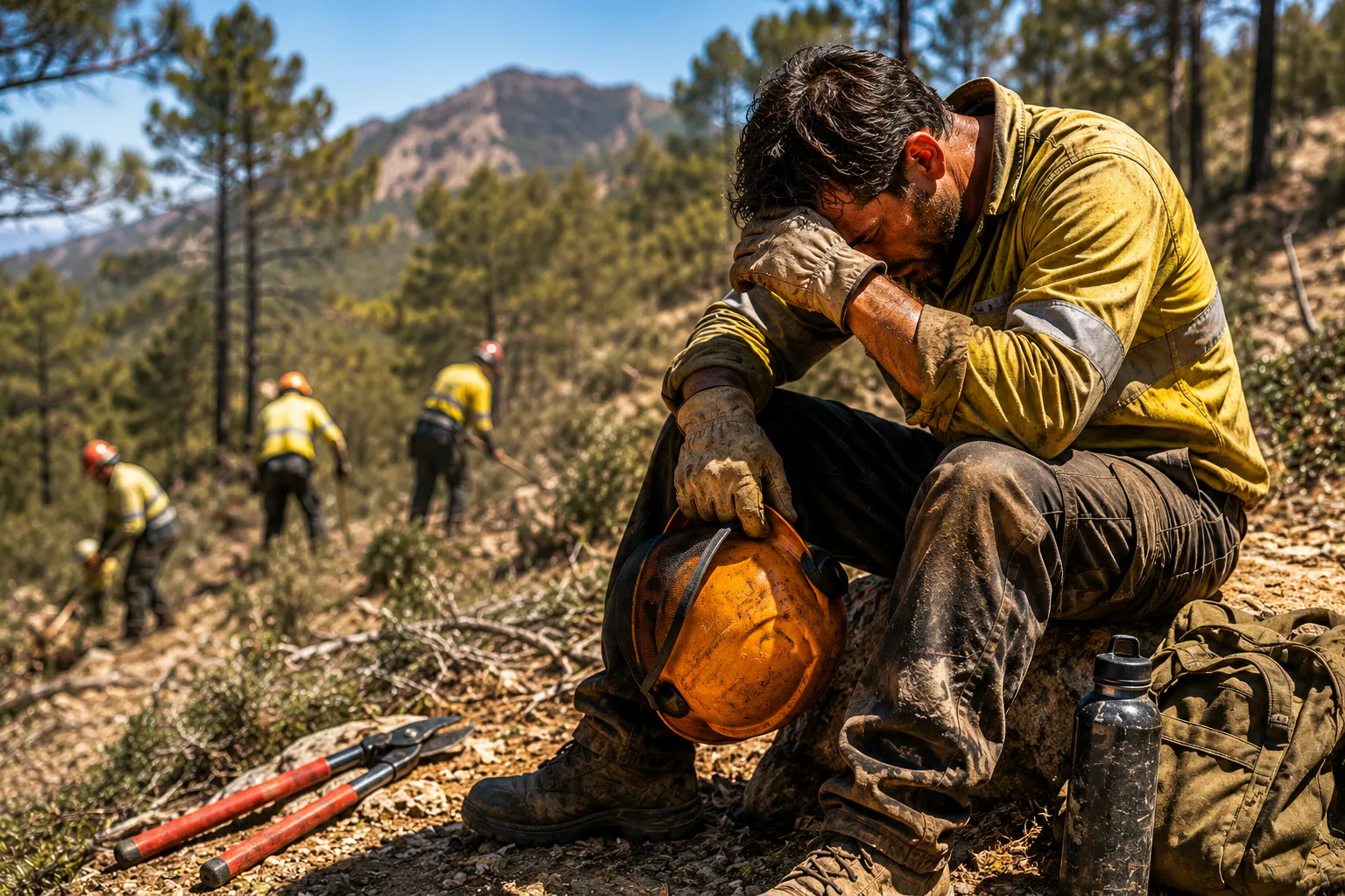 Trabajador forestal exhausto descansando en el monte durante una jornada de trabajo bajo altas temperaturas