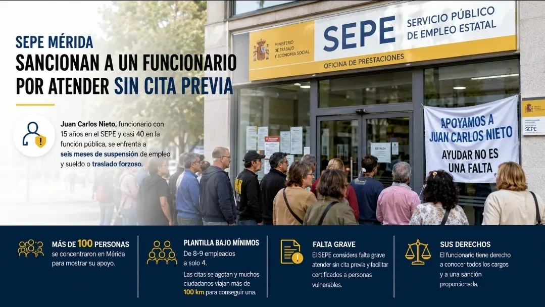 Funcionario del SEPE en Mérida sancionado por atender a ciudadanos sin cita previa mientras decenas de personas muestran su apoyo frente a la oficina de empleo
