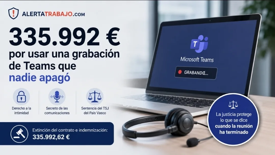 Trabajadora frente a una videollamada corporativa grabada por error tras una reunión online, con referencia a una indemnización de 335.992 euros por vulneración de la intimidad.