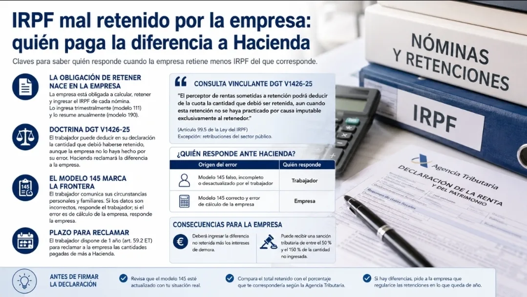IRPF mal retenido por la empresa: infografia explicativa sobre quién responde ante Hacienda cuando la empresa aplica una retención incorrecta del IRPF.