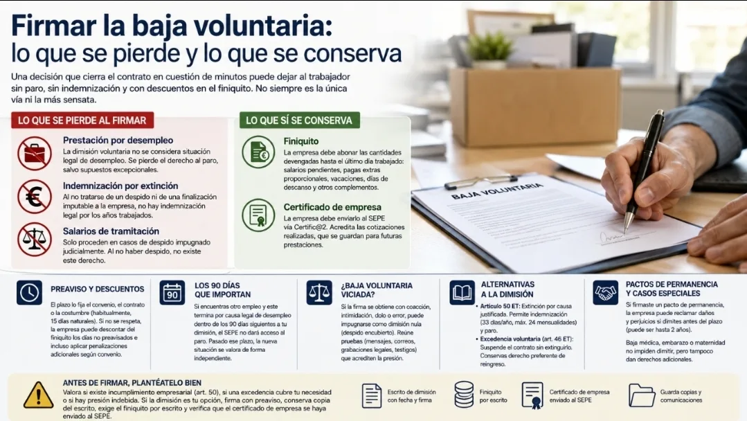 Infografía sobre la baja voluntaria laboral y sus consecuencias: derechos que pierde y conserva el trabajador al firmar la dimisión.