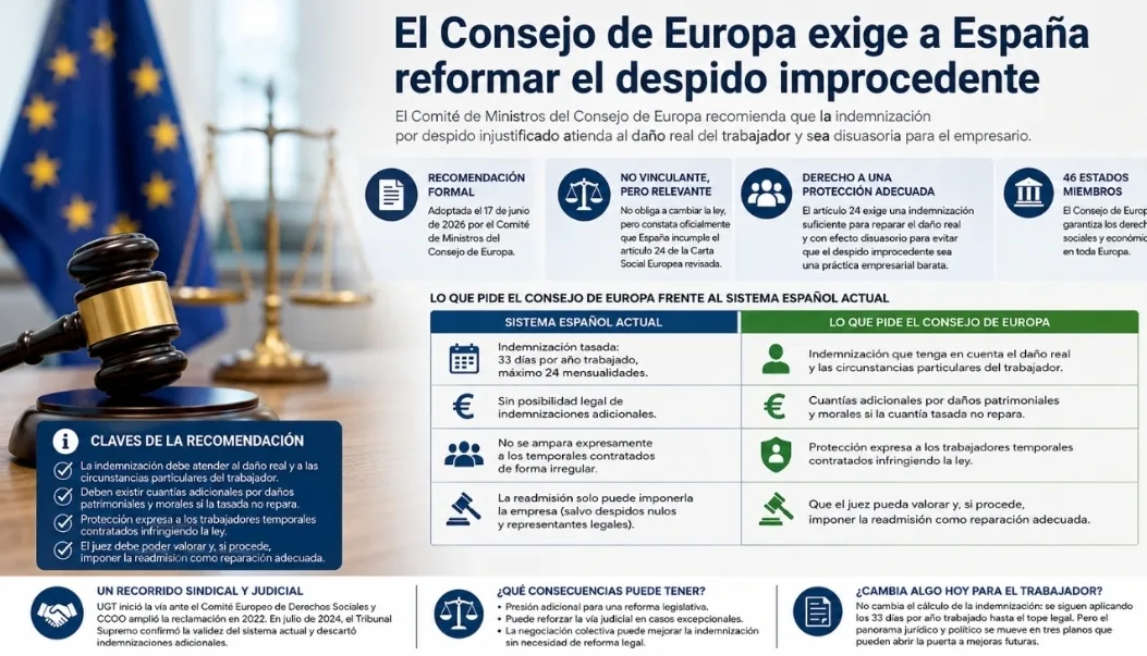 Consejo de Europa exige a España reformar el despido improcedente con indemnizaciones más altas y adaptadas al daño real del trabajador.