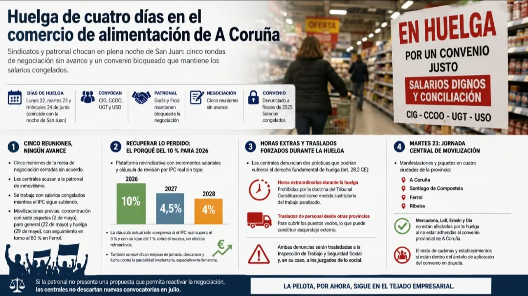 Huelga de cuatro días en el comercio de alimentación de A Coruña con trabajadores movilizados, negociación bloqueada y reclamación de subidas salariales en supermercados de la provincia.
