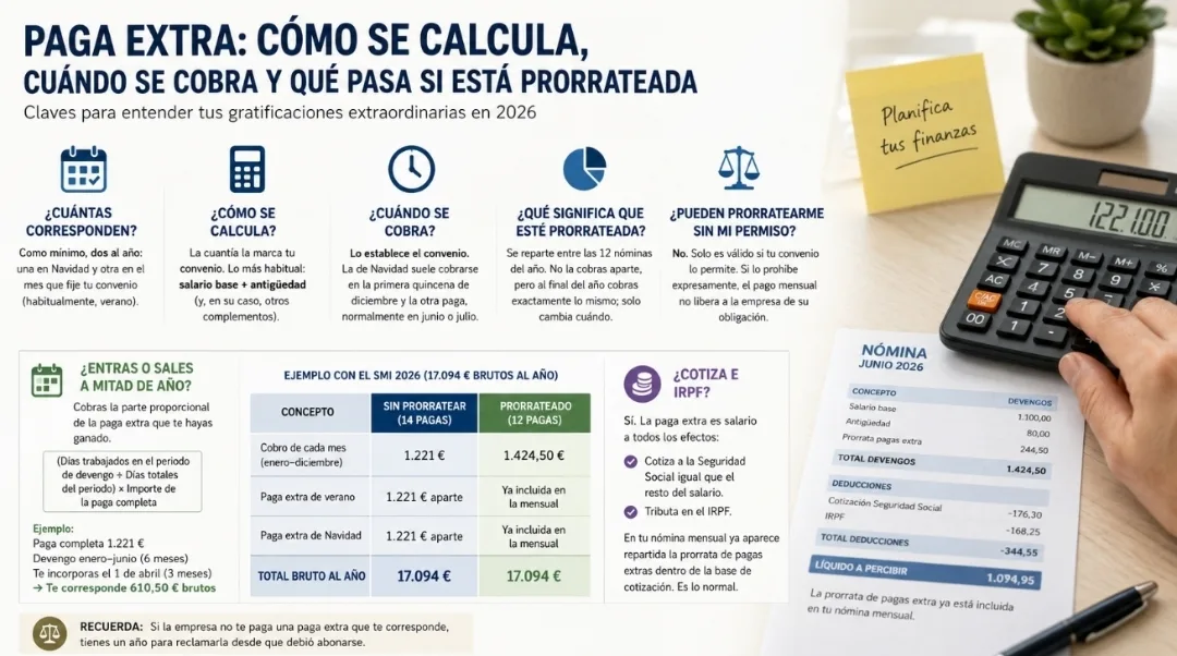 Paga extra 2026: cálculo, cobro, prorrateo y diferencias entre 12 y 14 pagas en una nómina laboral