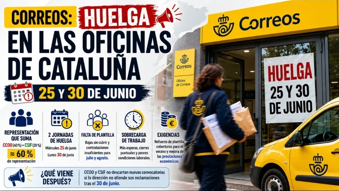Huelga en Correos Cataluña el 25 y 30 de junio por falta de plantilla y refuerzos para la campaña de verano