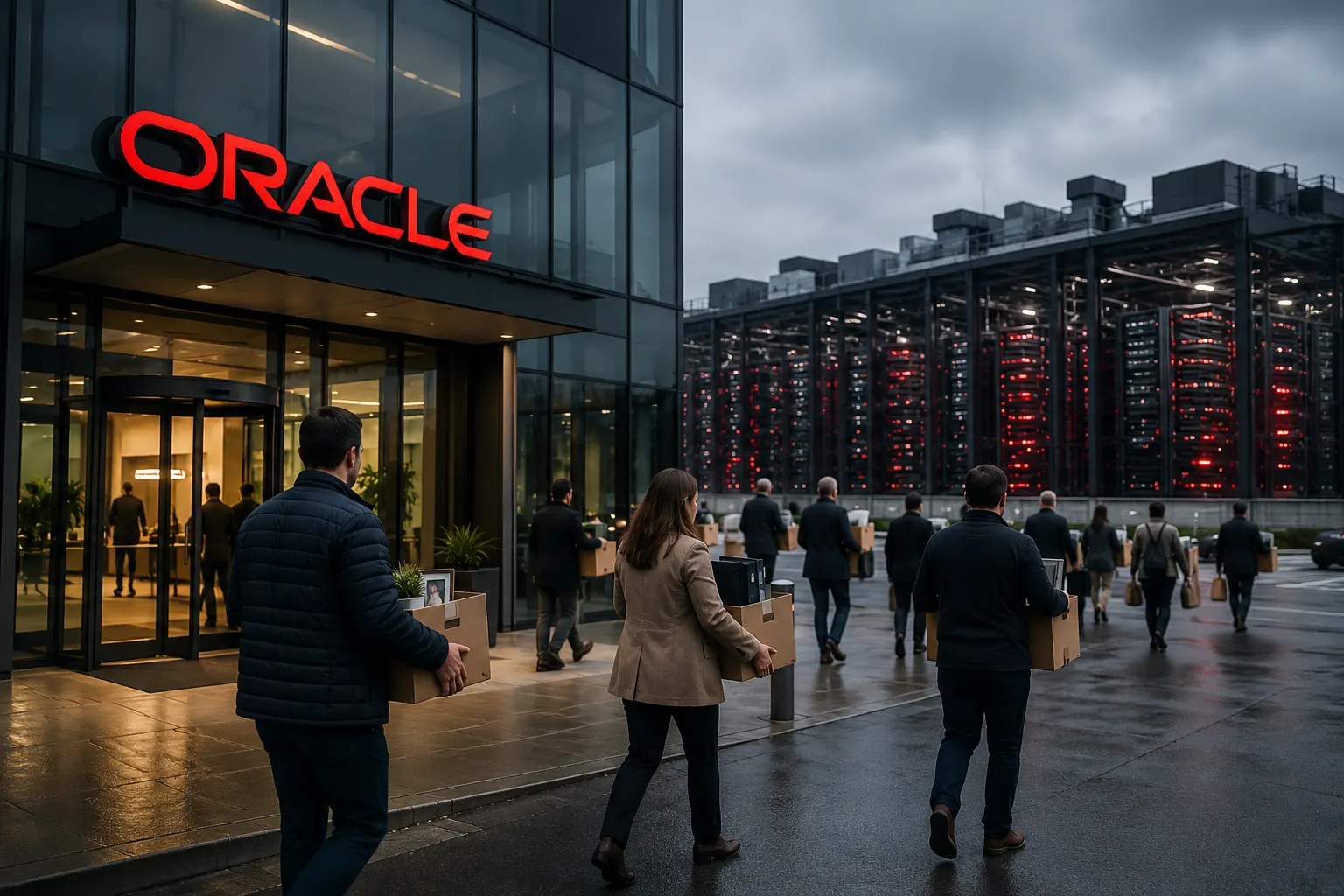 Empleados saliendo de un edificio de Oracle mientras la compañía impulsa su inversión en inteligencia artificial tras anunciar el recorte de 21.000 empleos.