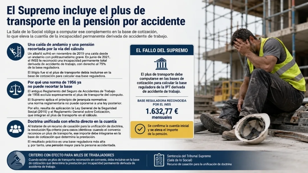 Plus de transporte incluido en la pensión por accidente laboral tras una sentencia del Tribunal Supremo que obliga a computarlo en la base de cotización para calcular la incapacidad permanente.