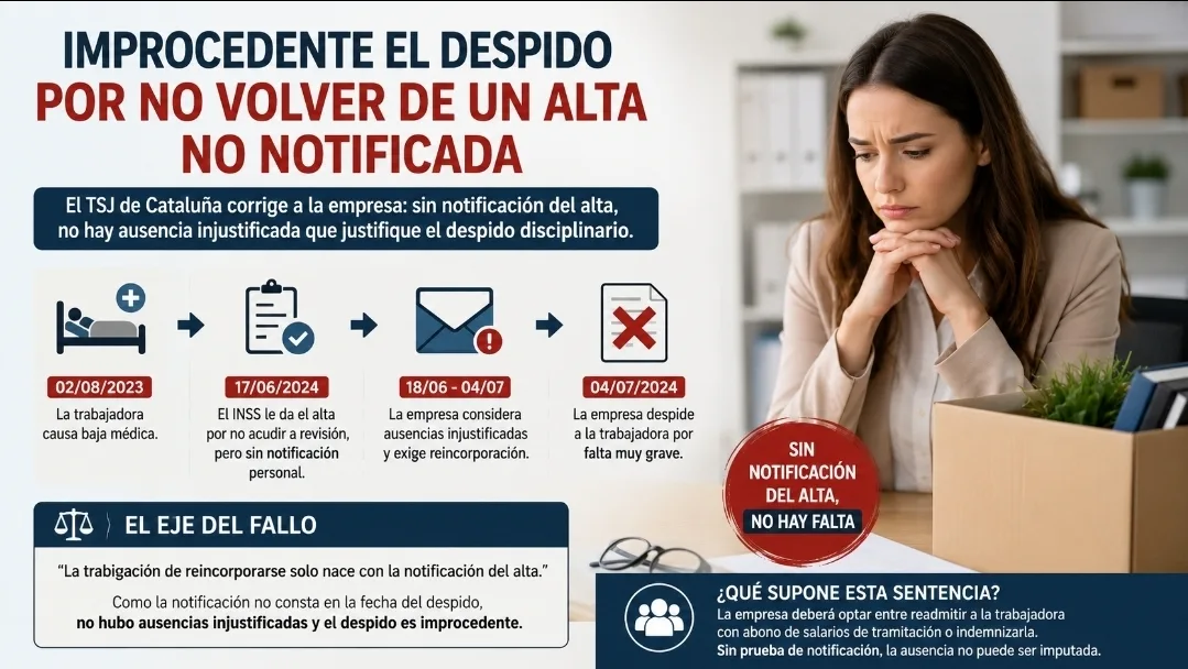 Improcedente el despido por no reincorporarse tras un alta médica no notificada, infografía sobre la sentencia del TSJ de Cataluña