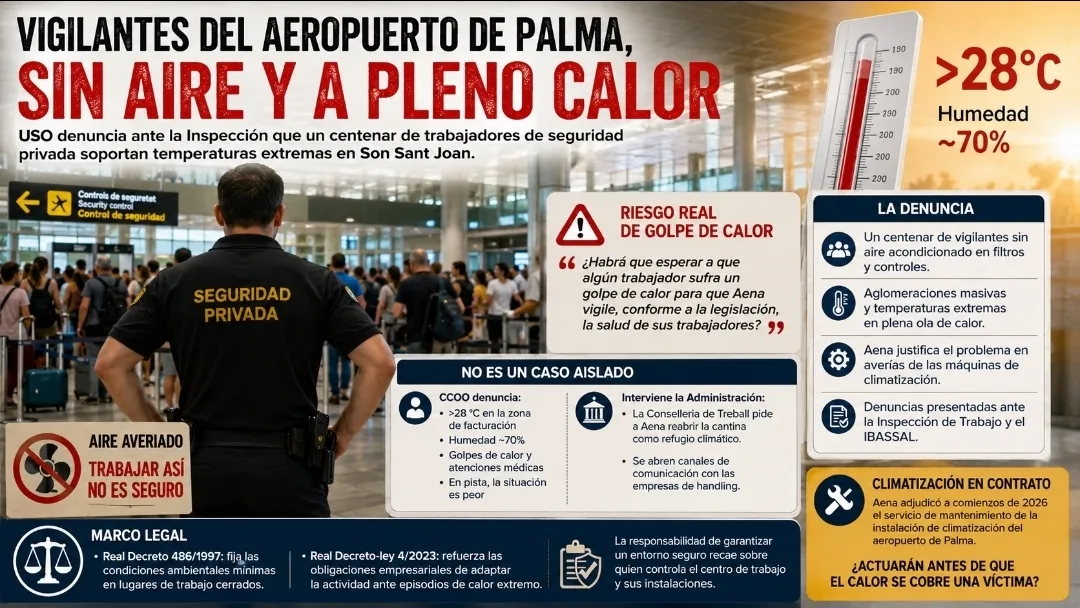 Vigilantes de seguridad trabajando sin aire acondicionado en el aeropuerto de Palma durante una ola de calor con riesgo de golpe de calor.
