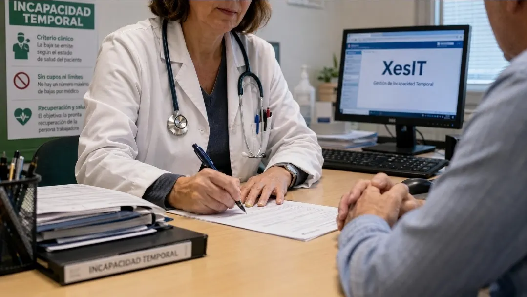 Médica de familia gestionando una incapacidad temporal ante un paciente en consulta.