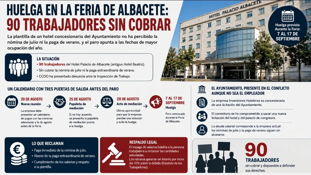 Huelga en la Feria de Albacete: 90 trabajadores reclaman salarios impagados y amenazan con parar del 7 al 17 de septiembre.