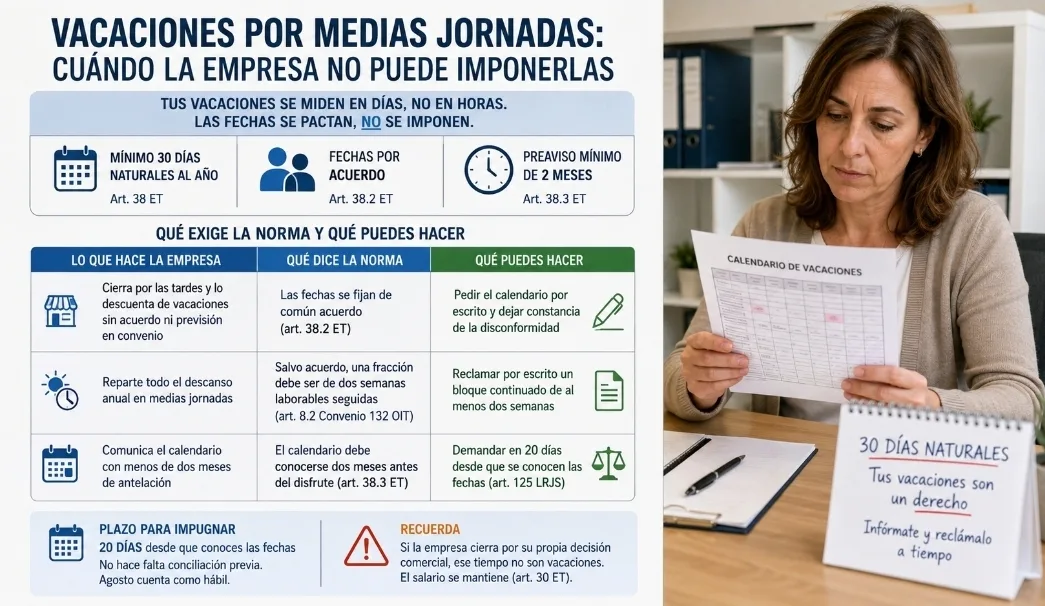 Vacaciones por medias jornadas: derechos laborales, 30 días naturales y plazo de 20 días para reclamar