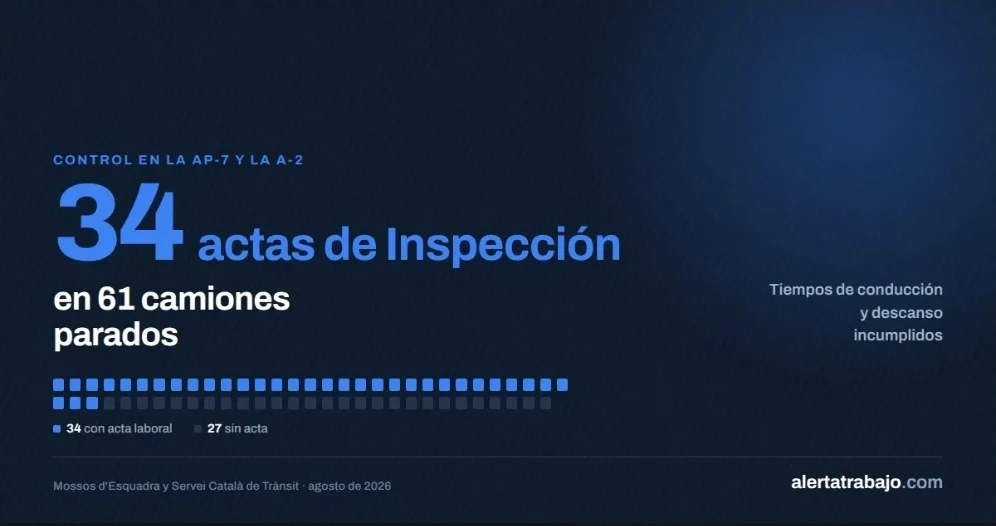 Diagrama de 61 puntos que representan los camiones controlados en la AP-7, con 34 marcados en azul por las actas de la Inspección de Trabajo