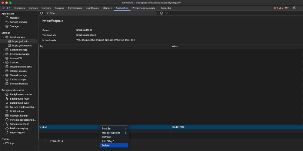開発者ツールでlocalStorageを削除する