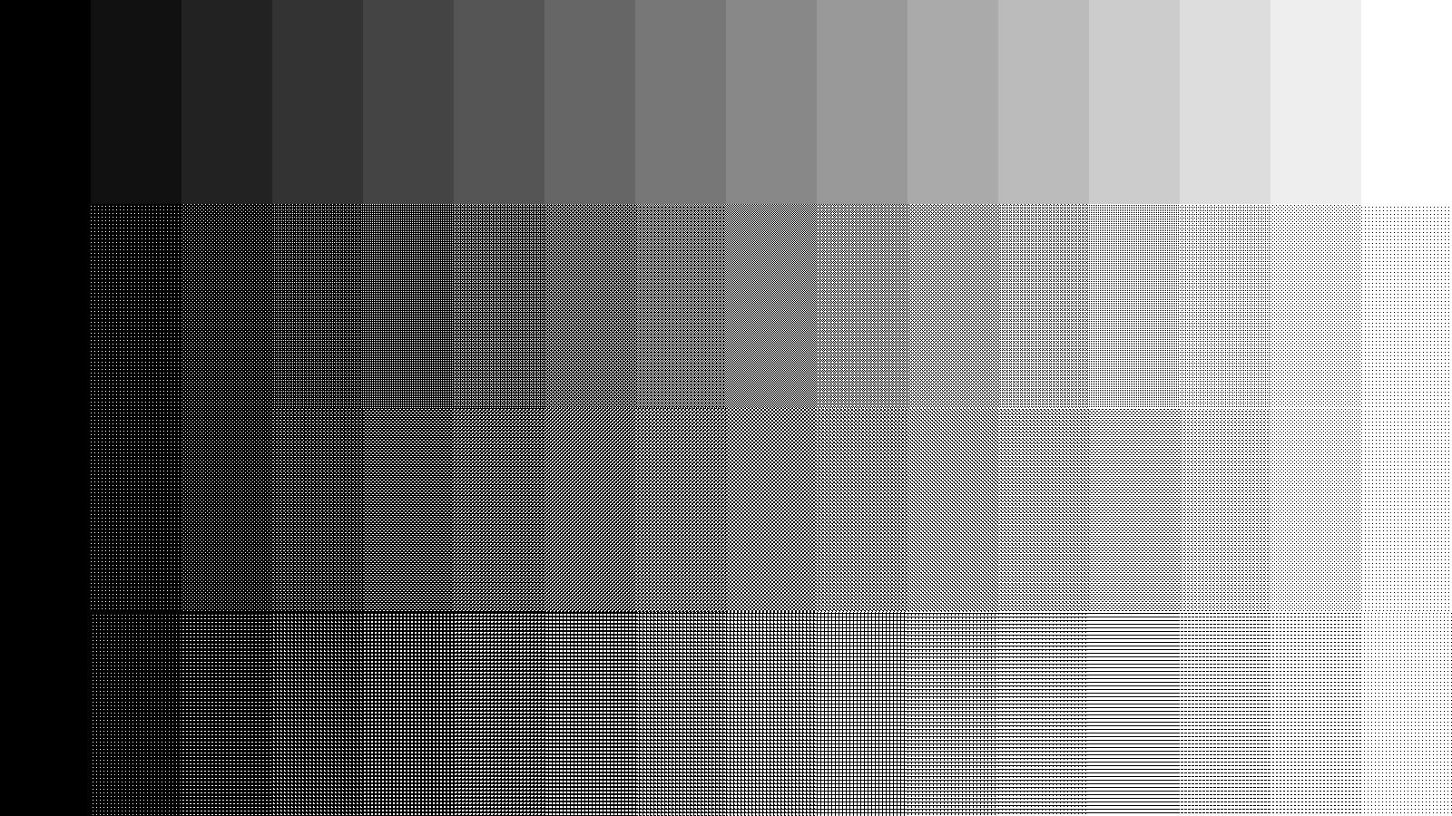 上から白黒16階調、ベイヤー(Bayer)型、網点型、渦巻き型