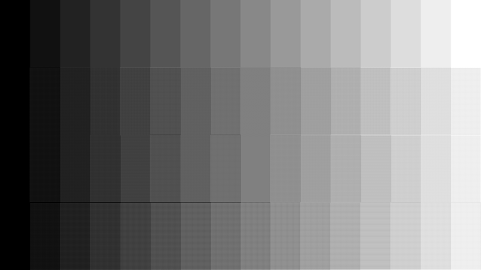 上から白黒16階調、ベイヤー(Bayer)型、網点型、渦巻き型