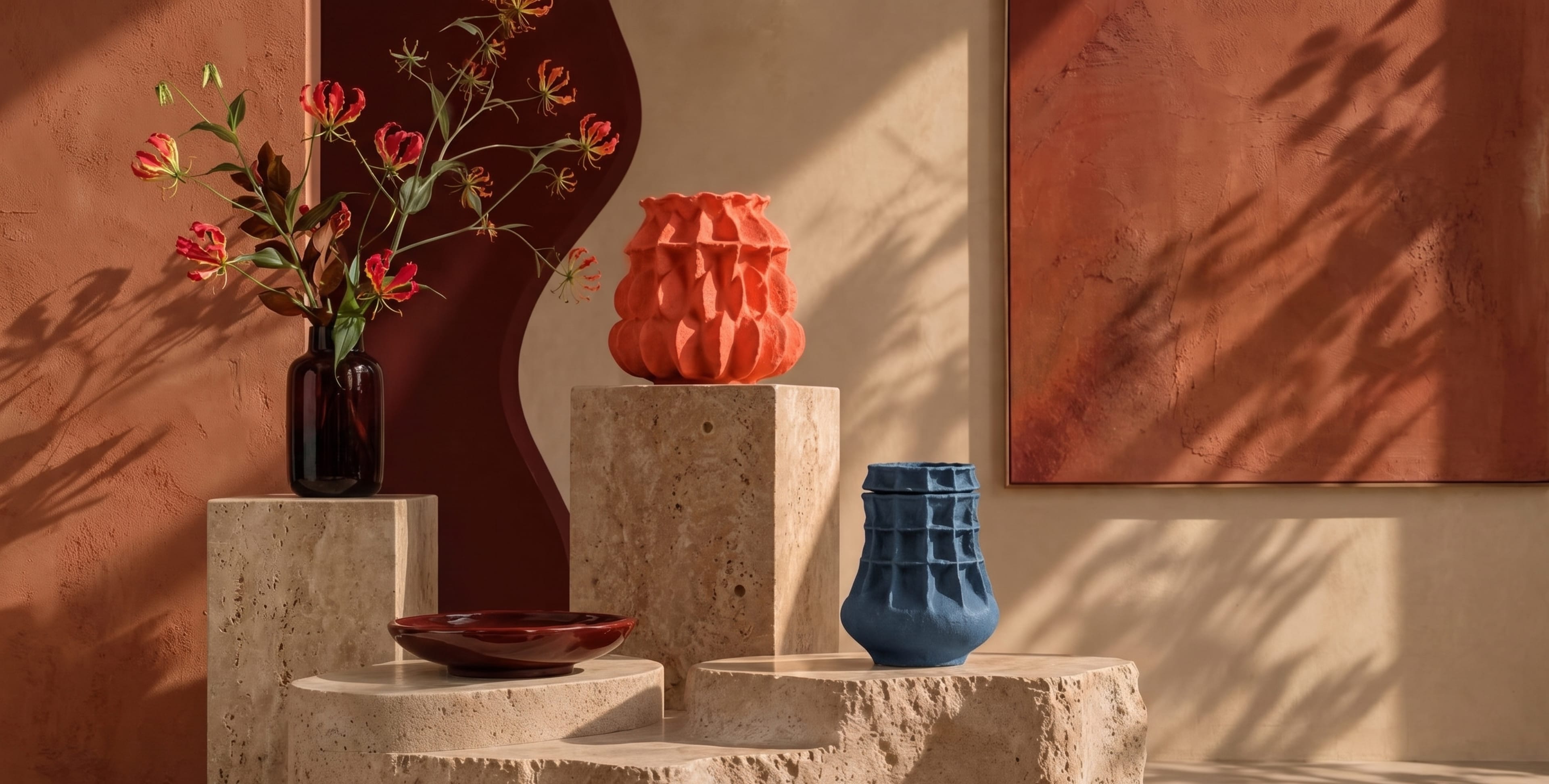 A warm living room styled with a ceramic lamp, linen sofa and earthenware