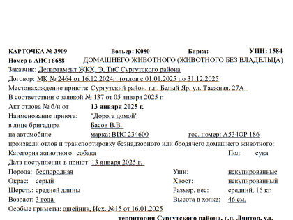   Информации о поиске владельца животного