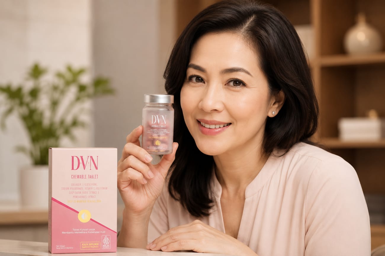 Dua wanita memegang produk DVN Chewable Tablet, menampilkan kulit cerah dan sehat