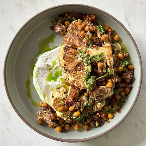 Cauliflower Steak with Yogurt, Chickpeas and Chimichurri