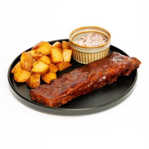 Pork Ribs with Patatas Bravas and Coleslaw Salad