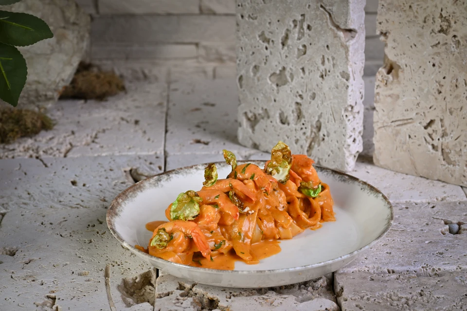 Tagliatelle ai Gamberi con Cavoletti Crispi