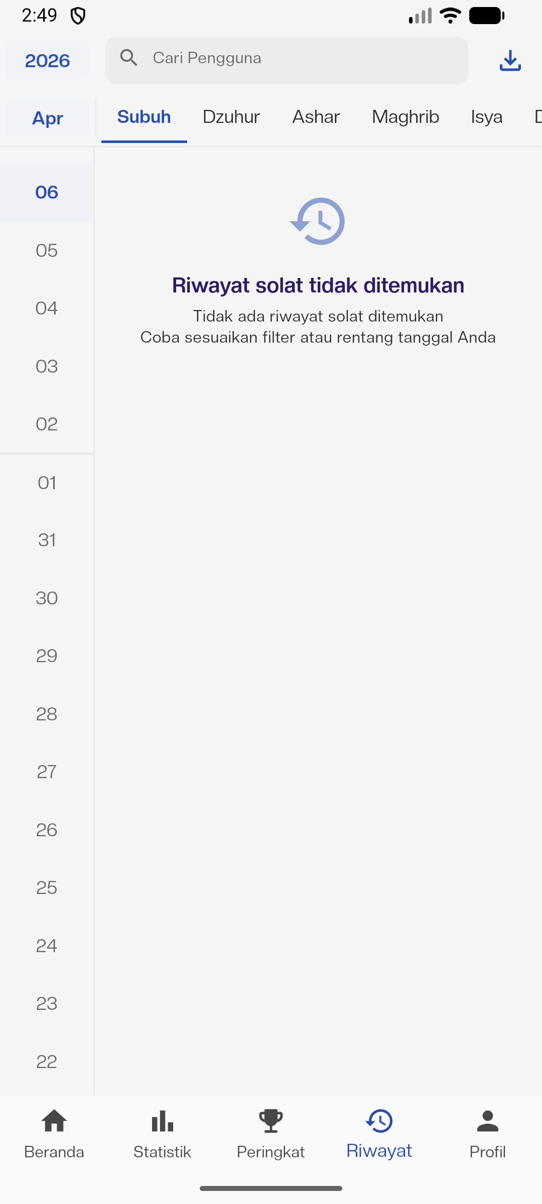 Preview riwayat ibadah mobile Zita