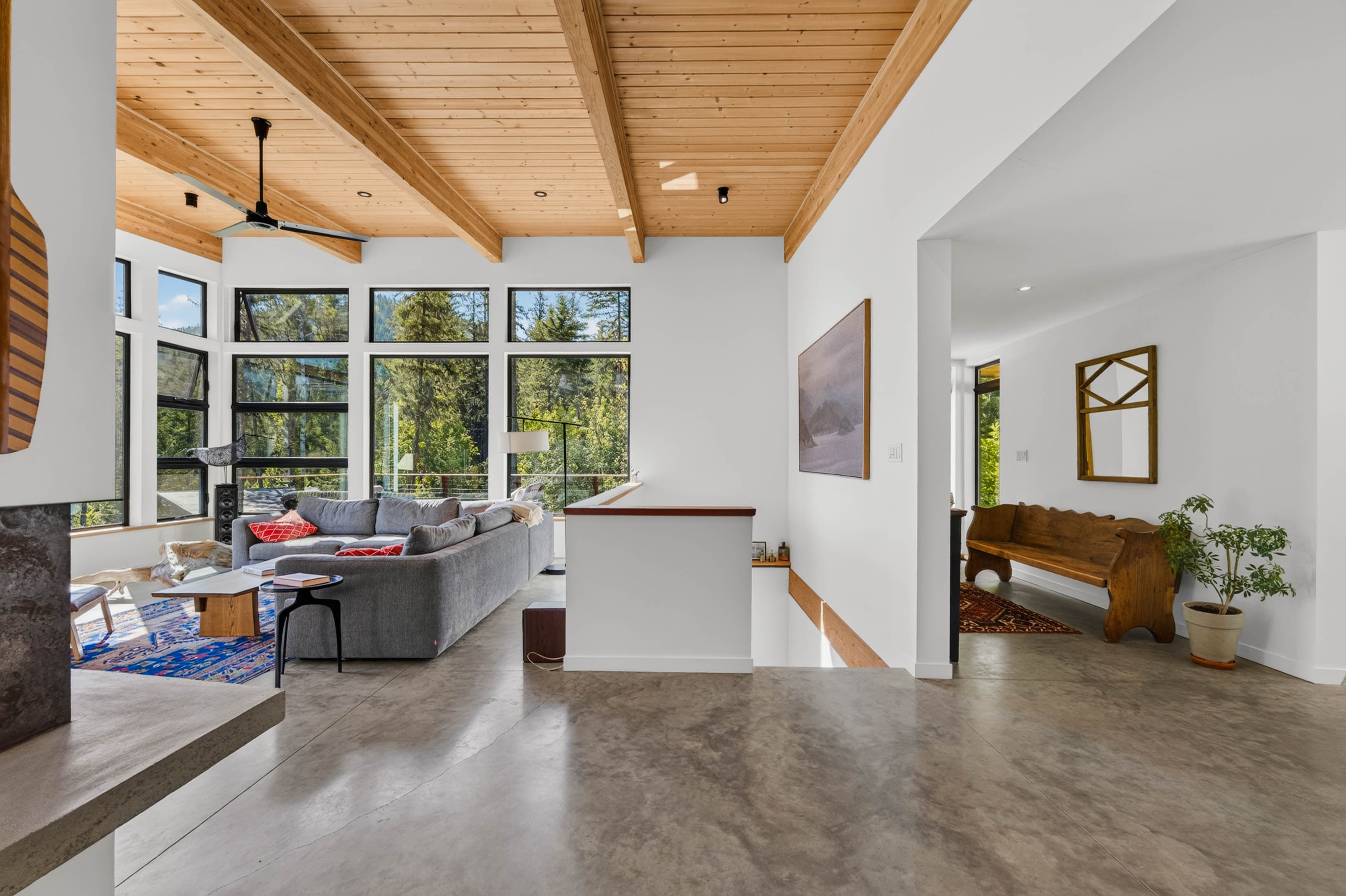 Interior architecture at 4135 Kays Road with wood ceilings and large windows