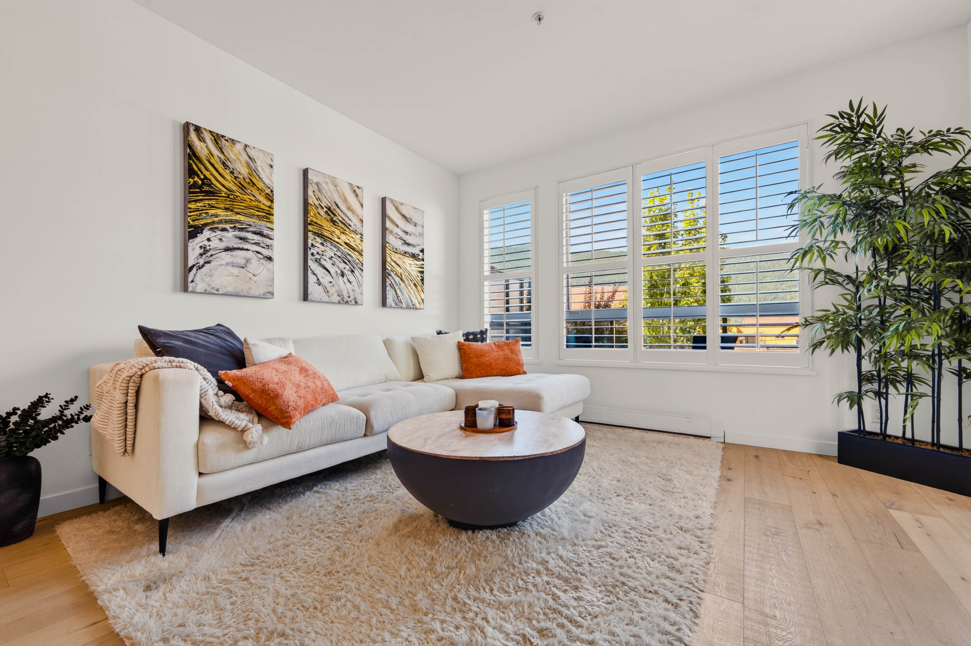Sun-filled living room with hardwood floors and custom blinds