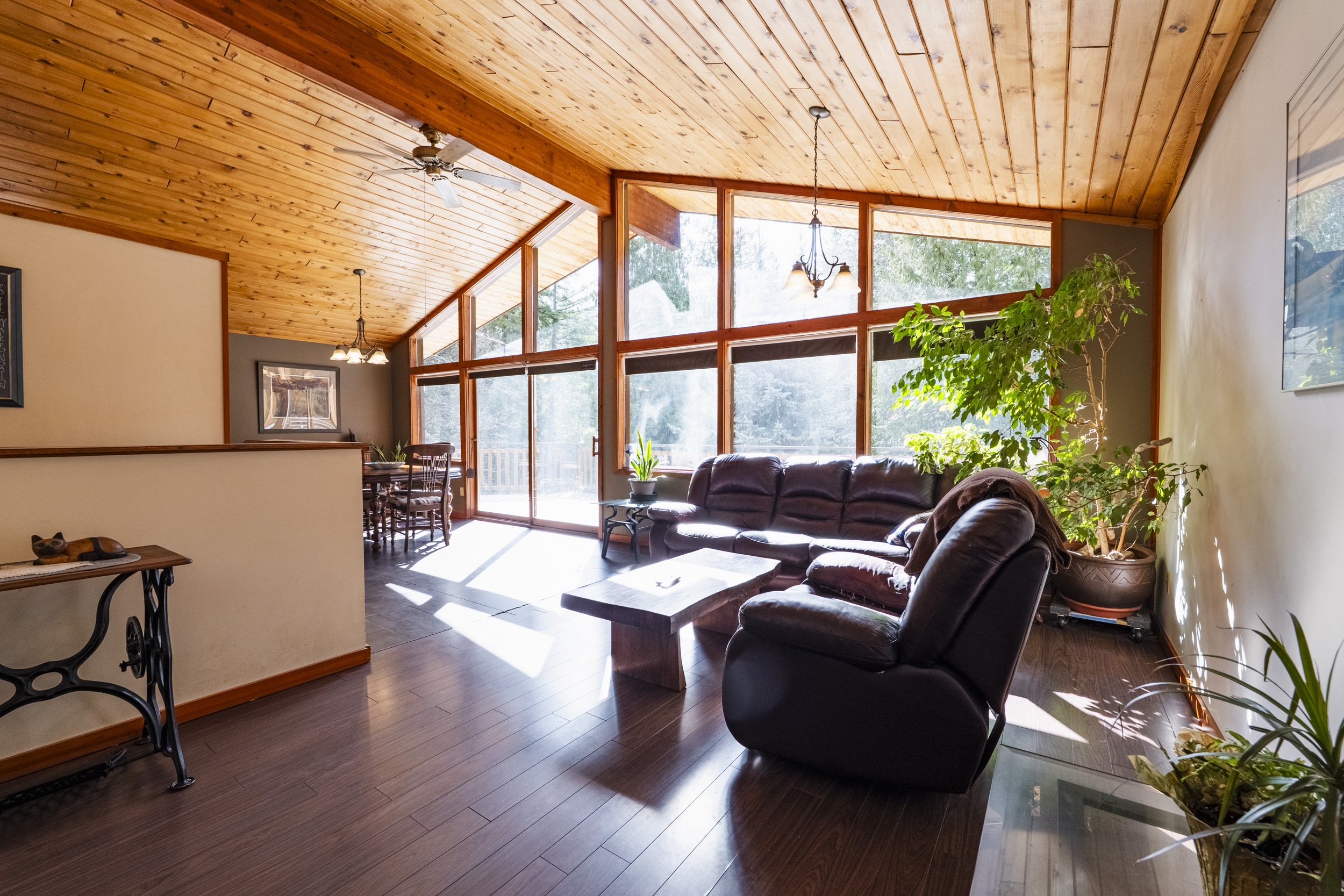 Vaulted living room with tall south-facing windows at 7077 Beggs Road