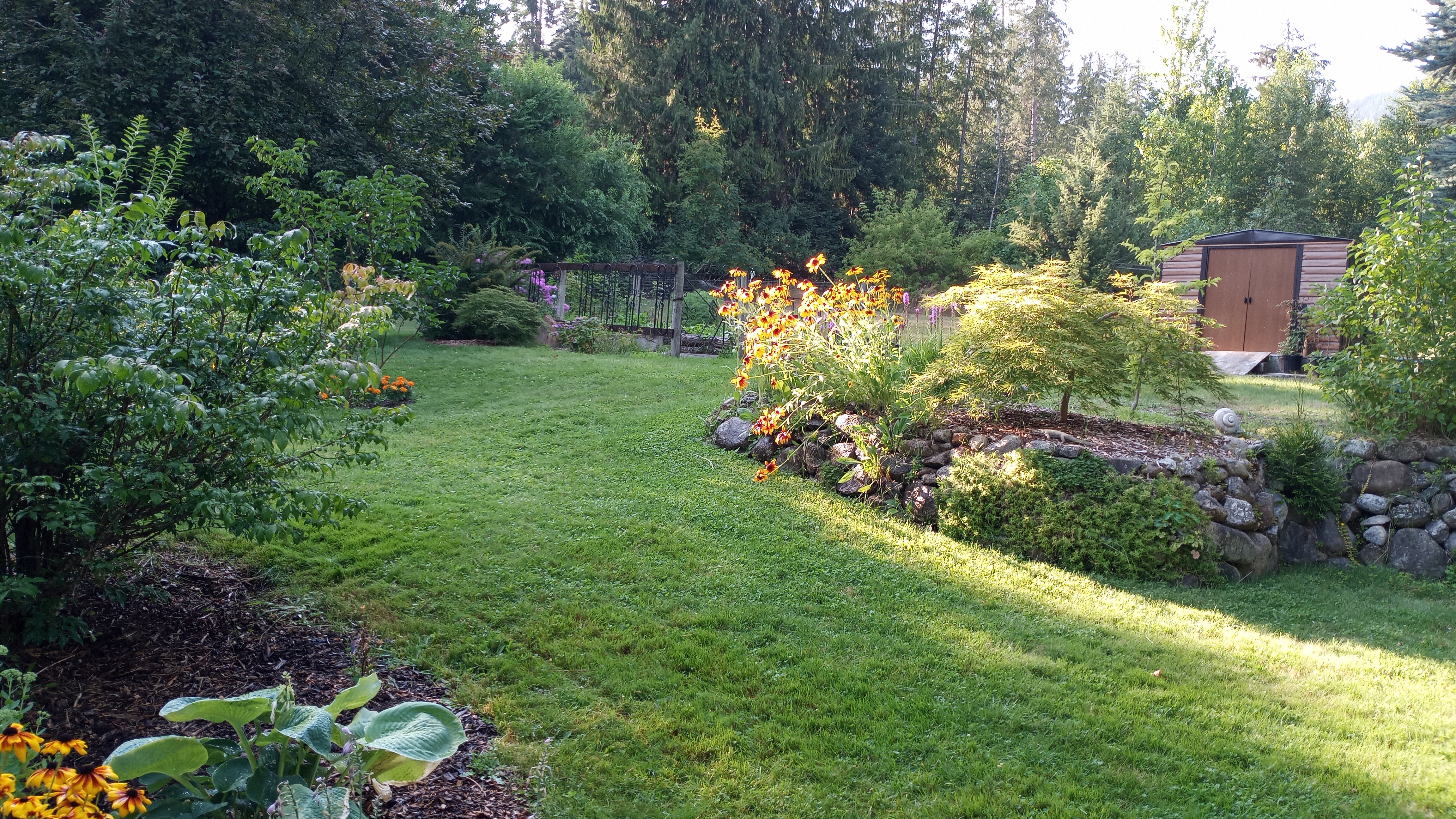 Wide lawn and established gardens at 7077 Beggs Road