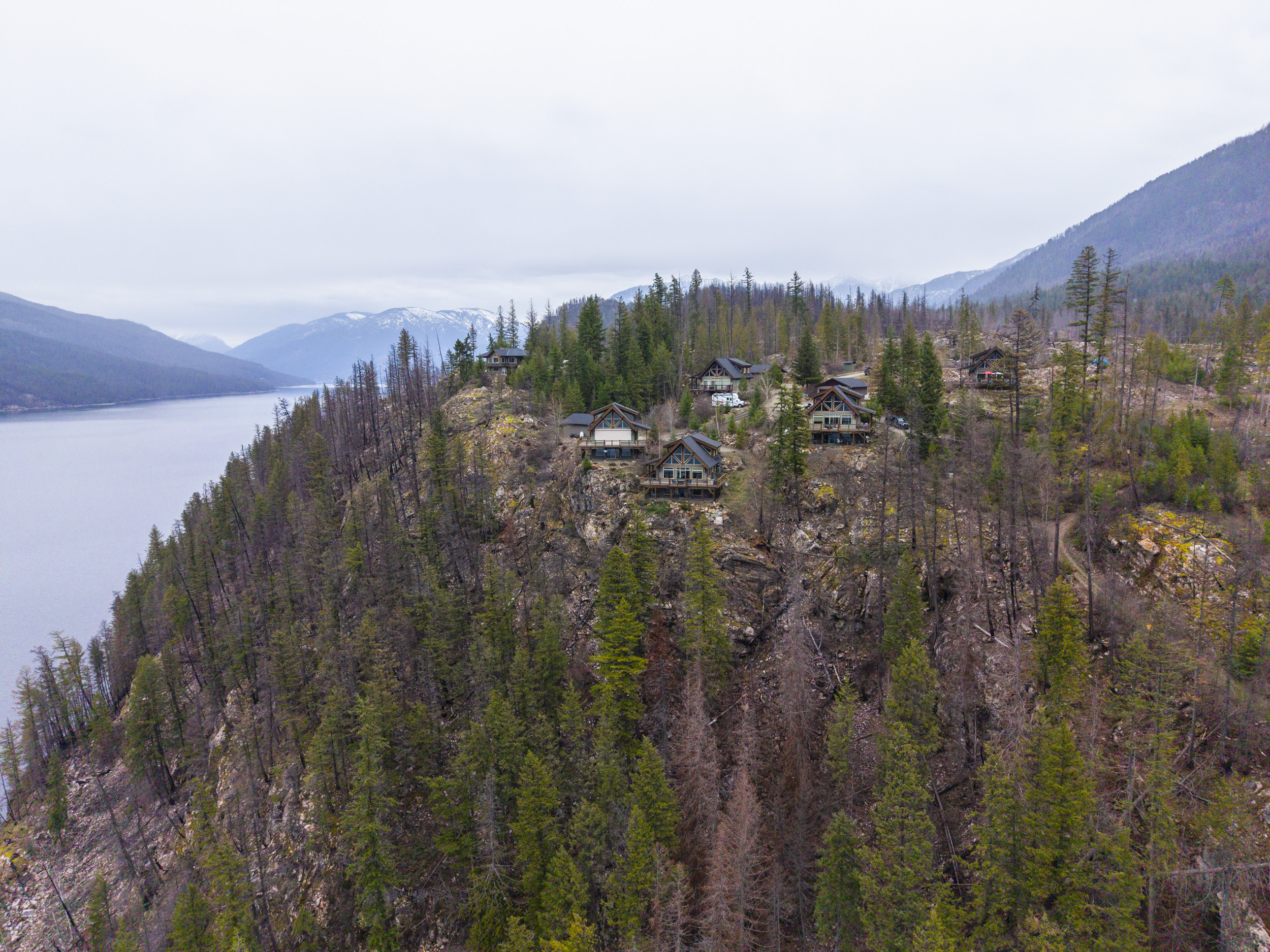 Aerial view of the strata residences above Slocan Lake