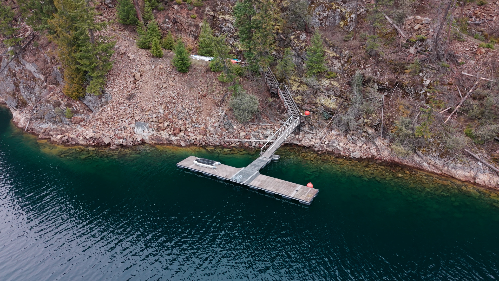 Aerial view of the shared strata dock on Slocan Lake