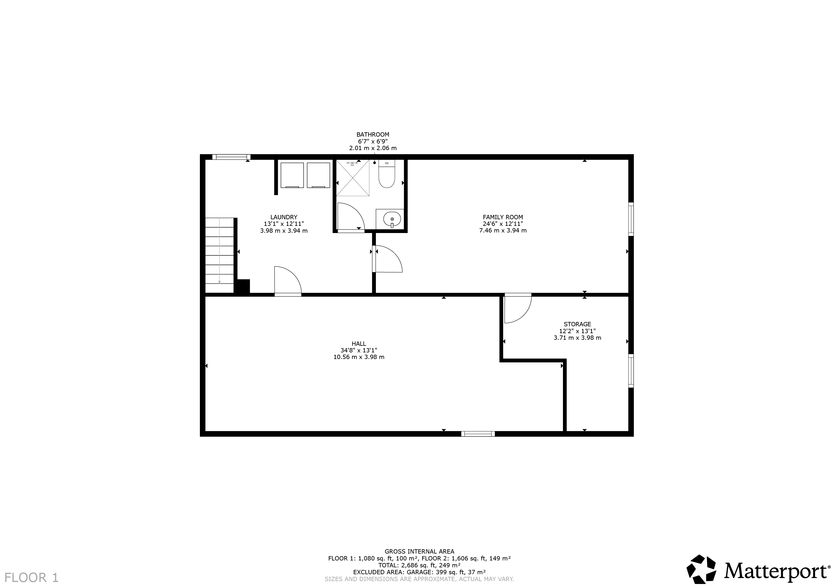Matterport floor plan showing the lower-level layout of 115 Second Street