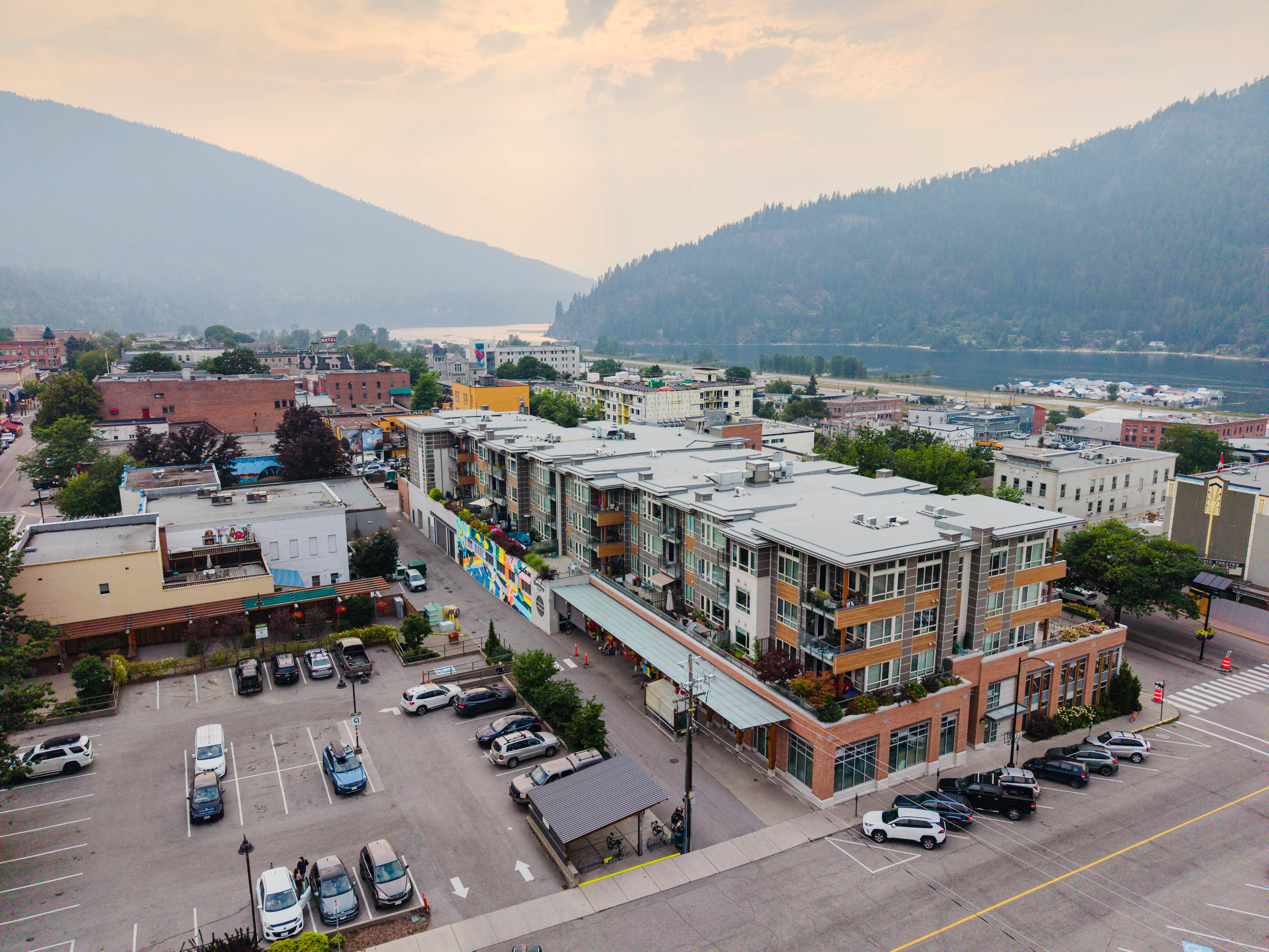 Aerial view of Nelson Commons in downtown Nelson BC