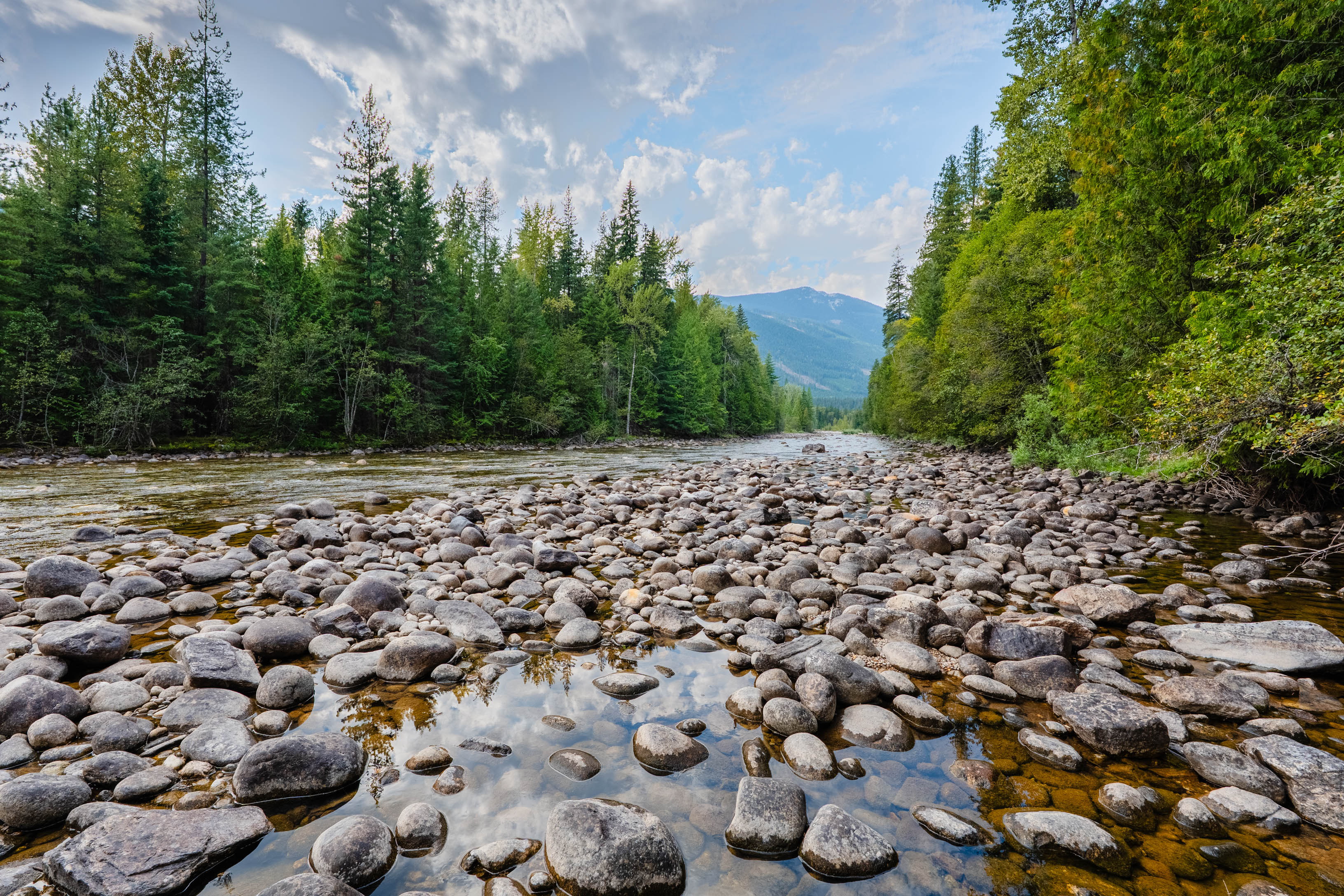 Little Slocan River beside 3360 Little Slocan South Road in Passmore, BC, with a rocky riverbed framed by forest and mountain views.