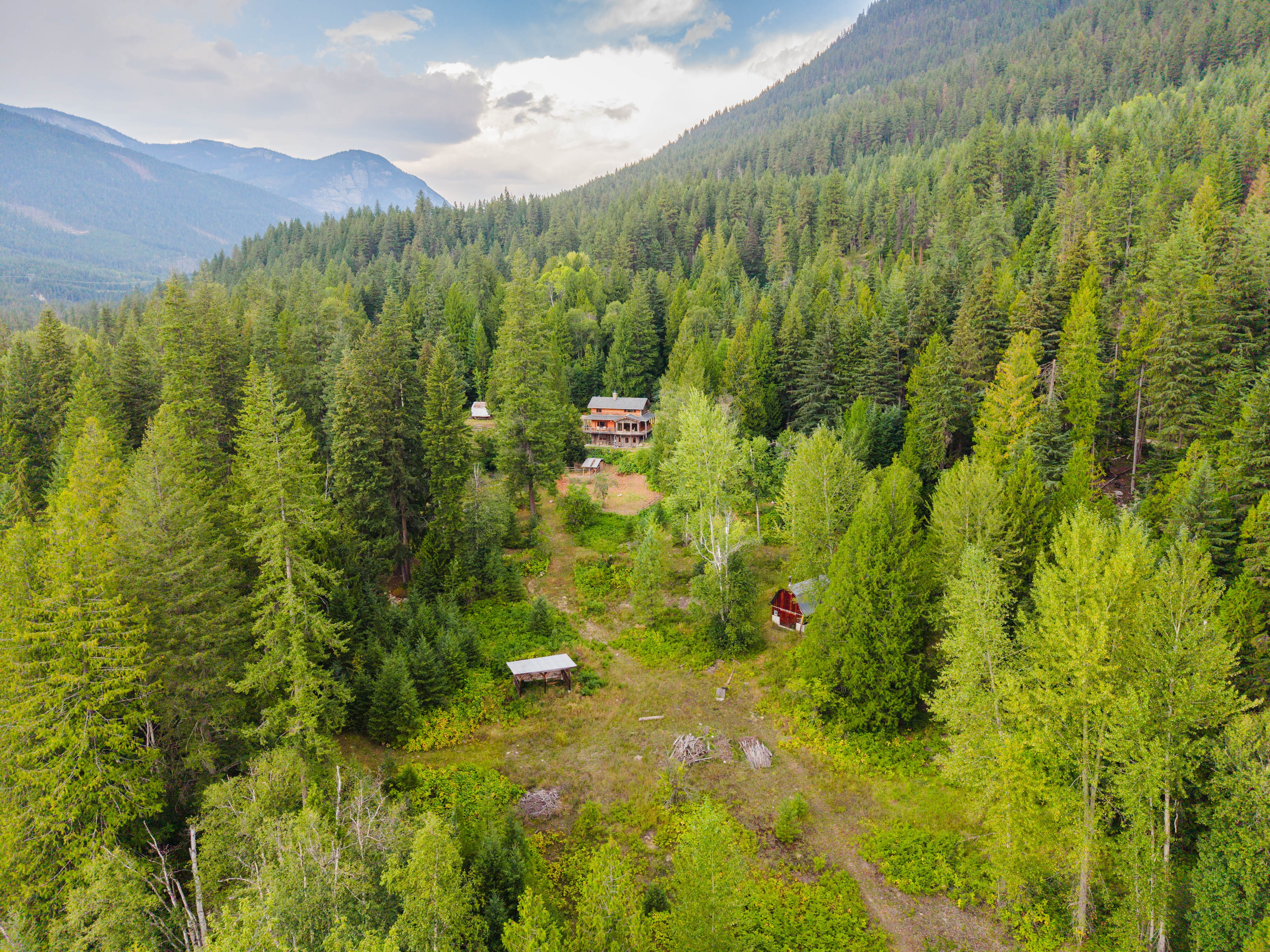 Aerial view across the acreage at 3360 Little Slocan South Road showing open land, mature trees and the home within the Passmore landscape.