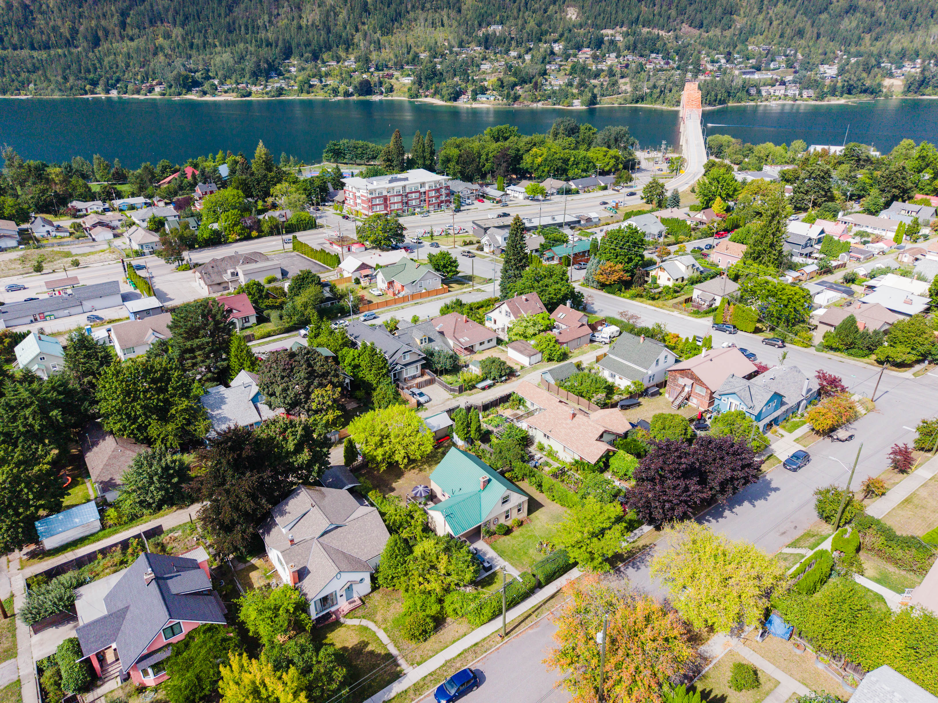 Aerial overview of the Lower Fairview neighbourhood, lake and Nelson bridge
