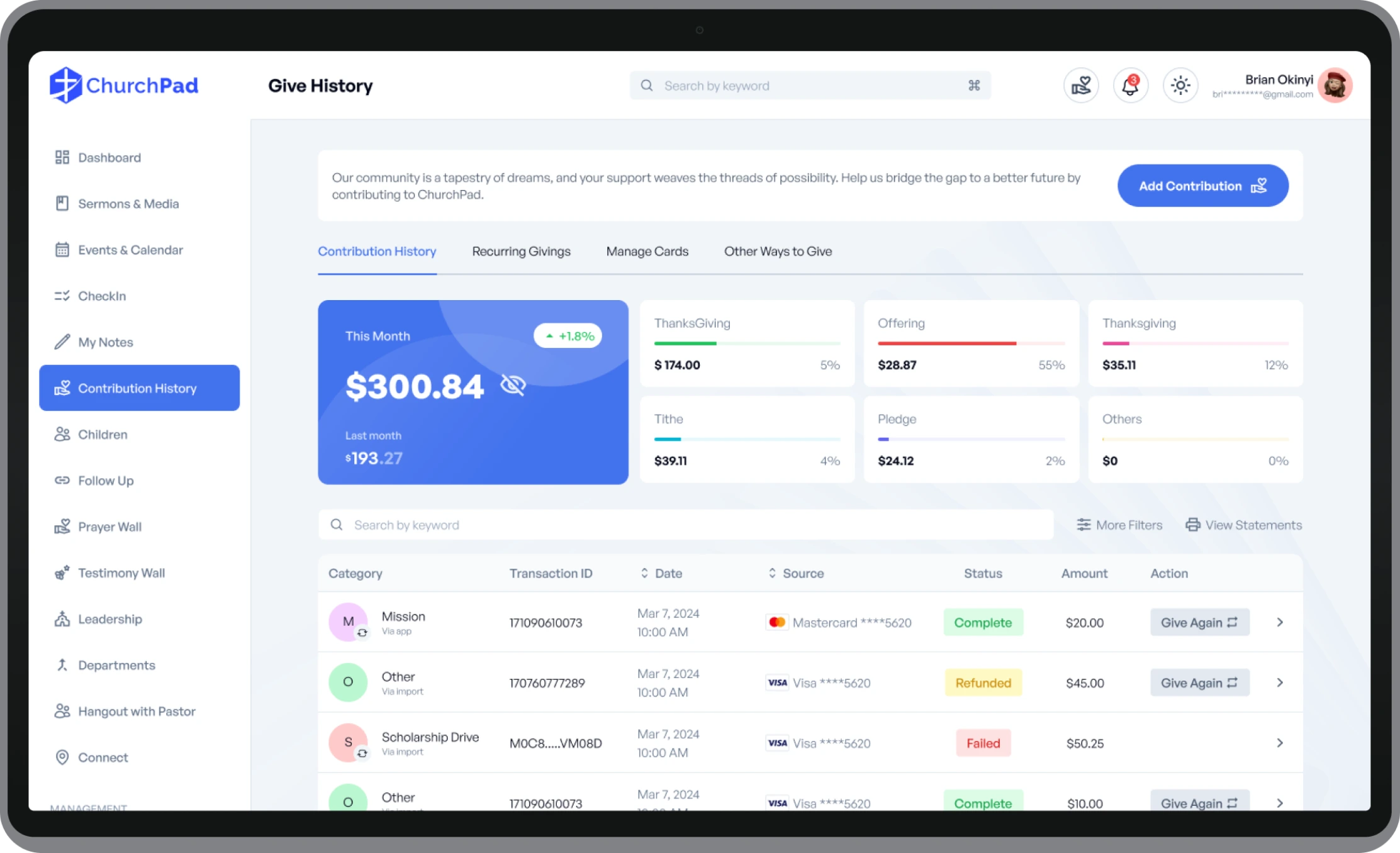 churchpad ministry tools dashboard