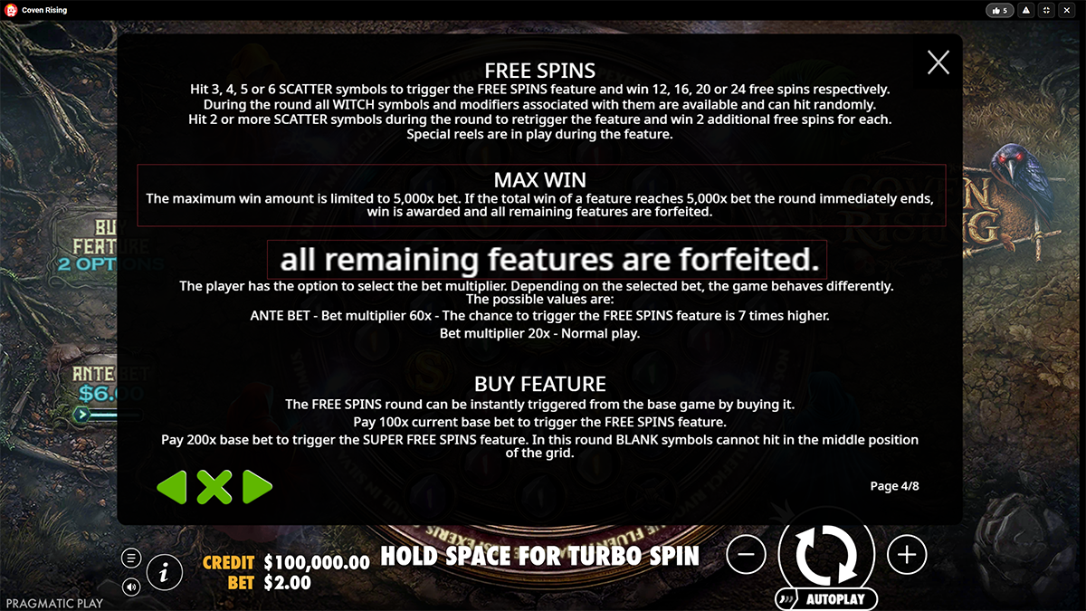 English maximum-win help text saying “all remaining features are forfeited”
