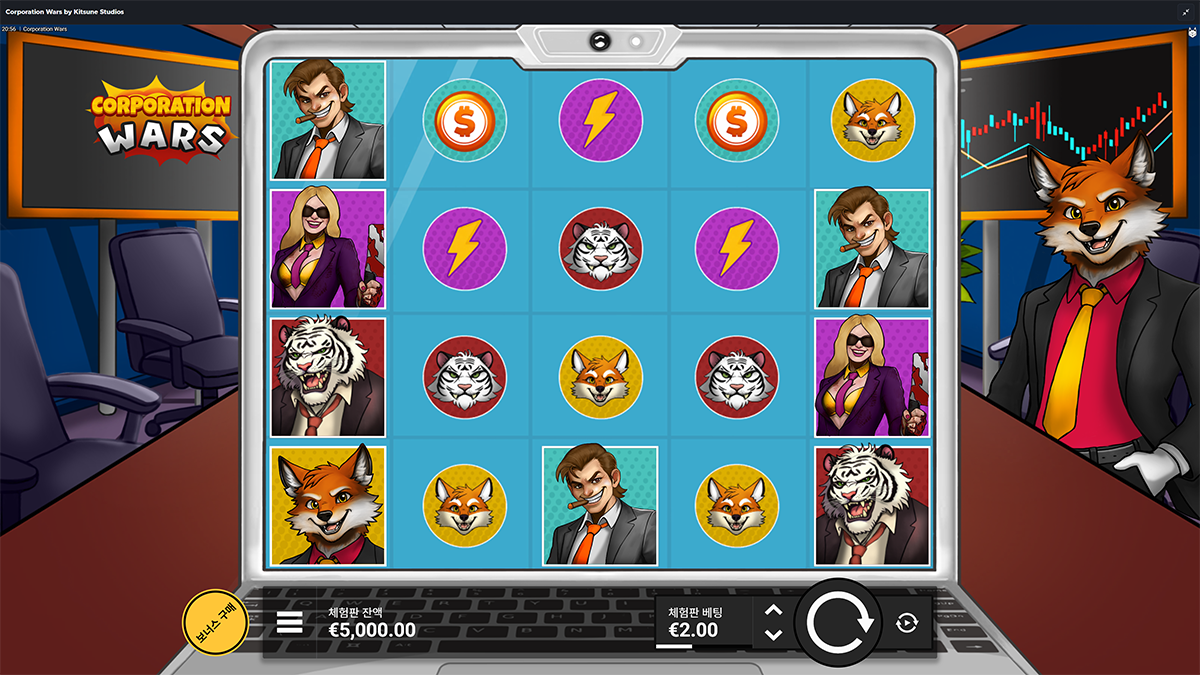 The bottom of the Corporation Wars screen displays ‘체험판 잔액 €5,000.00’ and ‘체험판 베팅 €2.00’